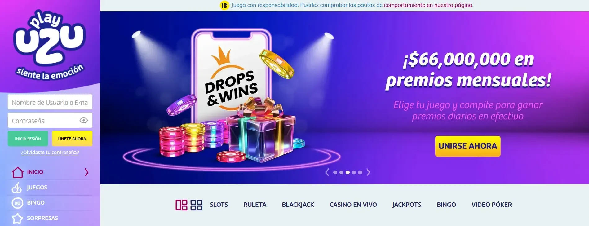 PlayUZU Casino página de inicio