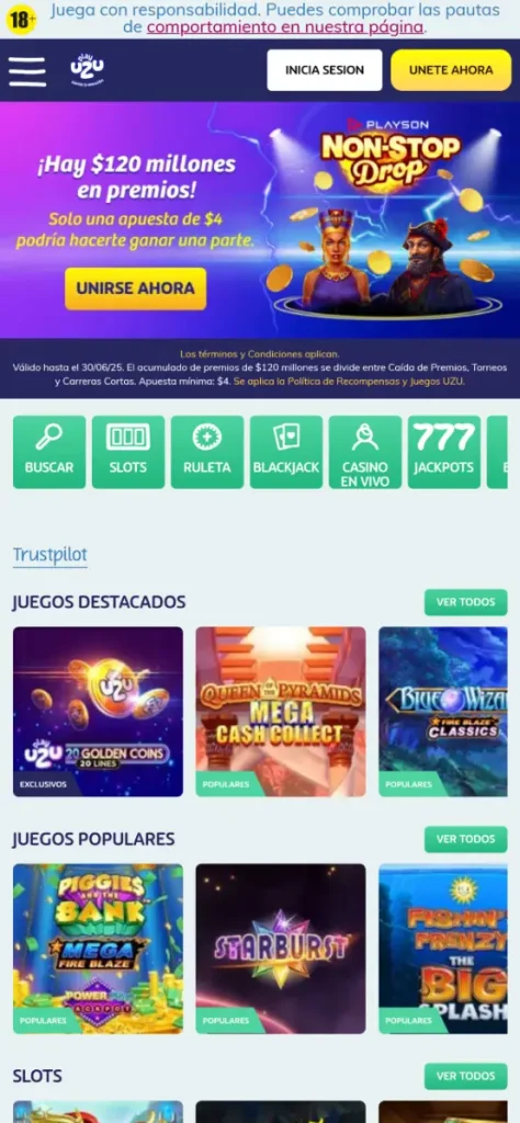 PlayUZU Casino versión móvil